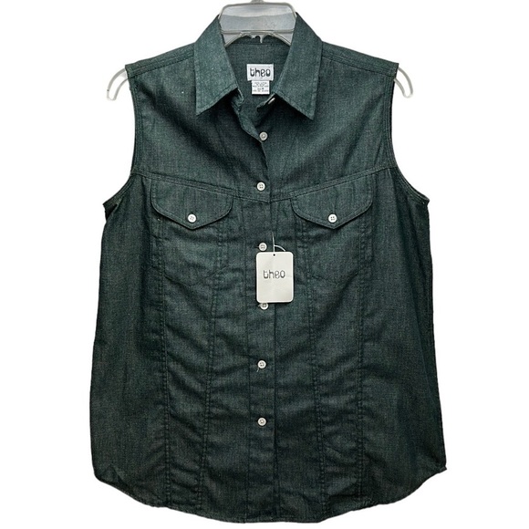 Vtg Theo Denim Button Up Sleeveless Shirt Top NWT Chest Pockets Curved H… - Picture 1 of 9